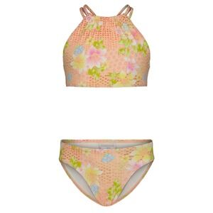 NWT Billabong Girls Two-Piece Bikini Swimsuit Set Peach Floral UPF 50+ Size 12